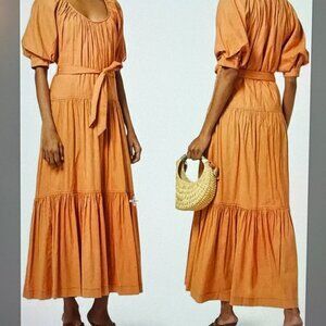 NWT Jonathan Simkhai August Midi Maxi Dress Linen Puff Sleeve Size 4